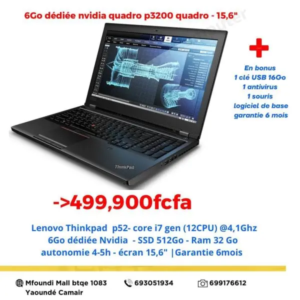 Lenovo ThinkPad P52 Core i7 – 32Go – SSD 512Go – Quadro P3200 6Go – 15,6"