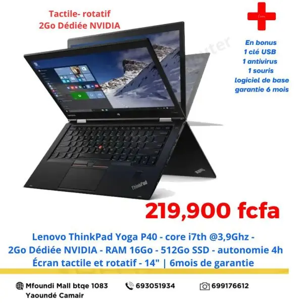 Lenovo ThinkPad Yoga P40 Core i7 – 16Go – SSD 512Go – Nvidia 2Go – 14" tactile rotatif